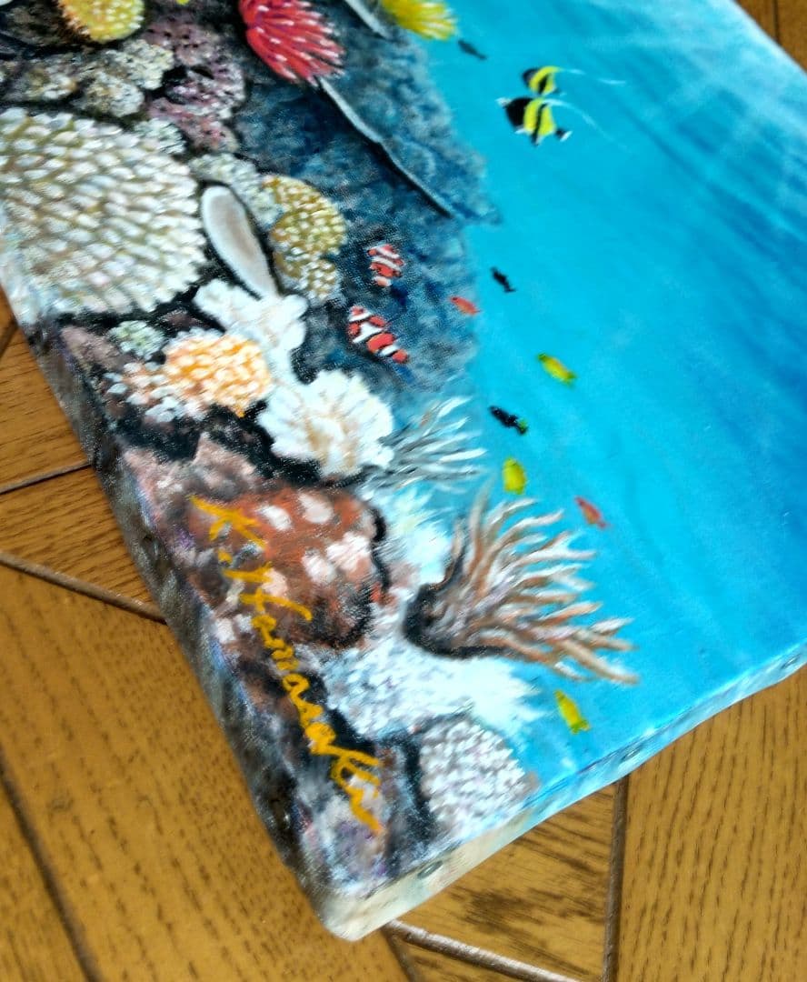 油彩画「魚たちの海中公園」油絵 絵画 原画 F6