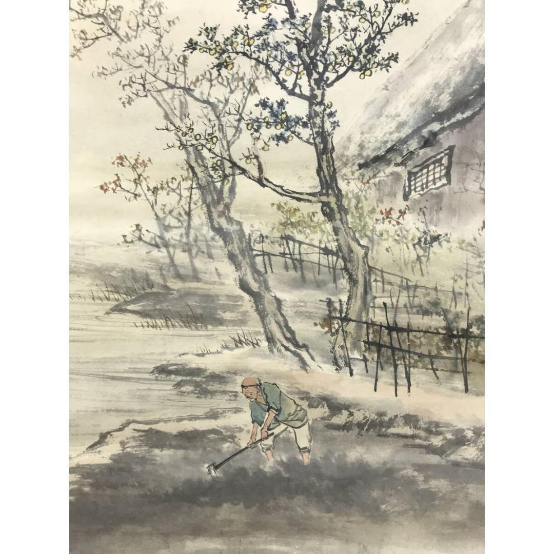 真作/鈴木松年/秋影耕人/人物図/農耕/秋景山水図/掛軸/名家伝来/AK-721