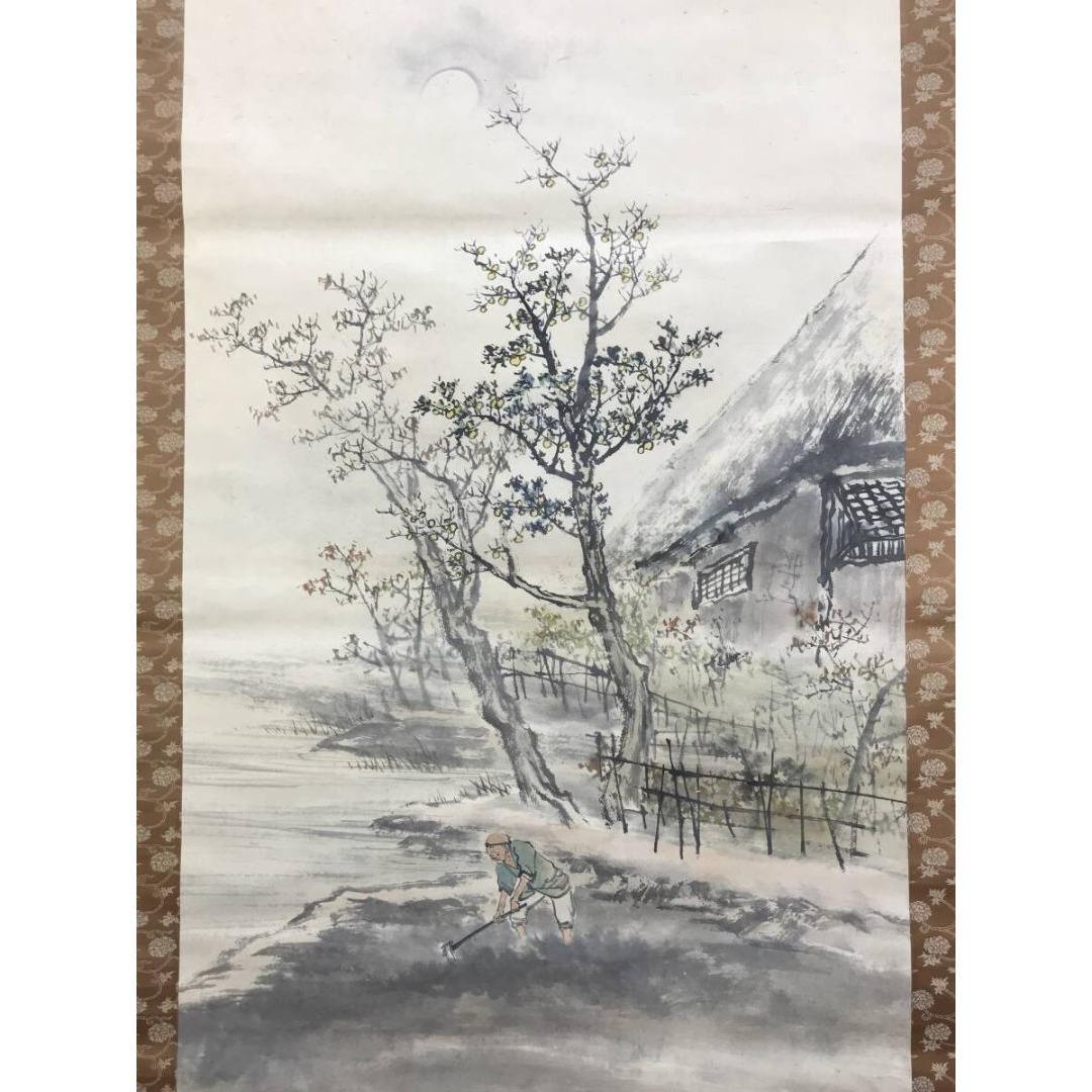 真作/鈴木松年/秋影耕人/人物図/農耕/秋景山水図/掛軸/名家伝来/AK-721