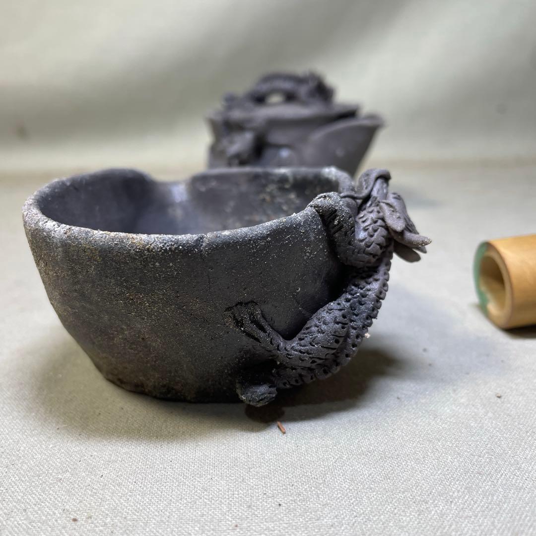 時代 備前双龍宝瓶湯冷炭化青備前 窯変 双竜　手造　煎茶道具　備前焼 急須茶器