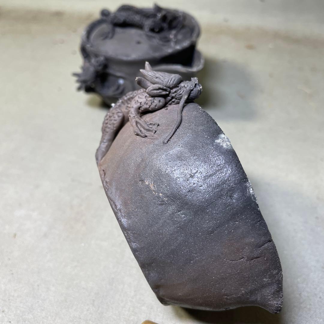 時代 備前双龍宝瓶湯冷炭化青備前 窯変 双竜　手造　煎茶道具　備前焼 急須茶器