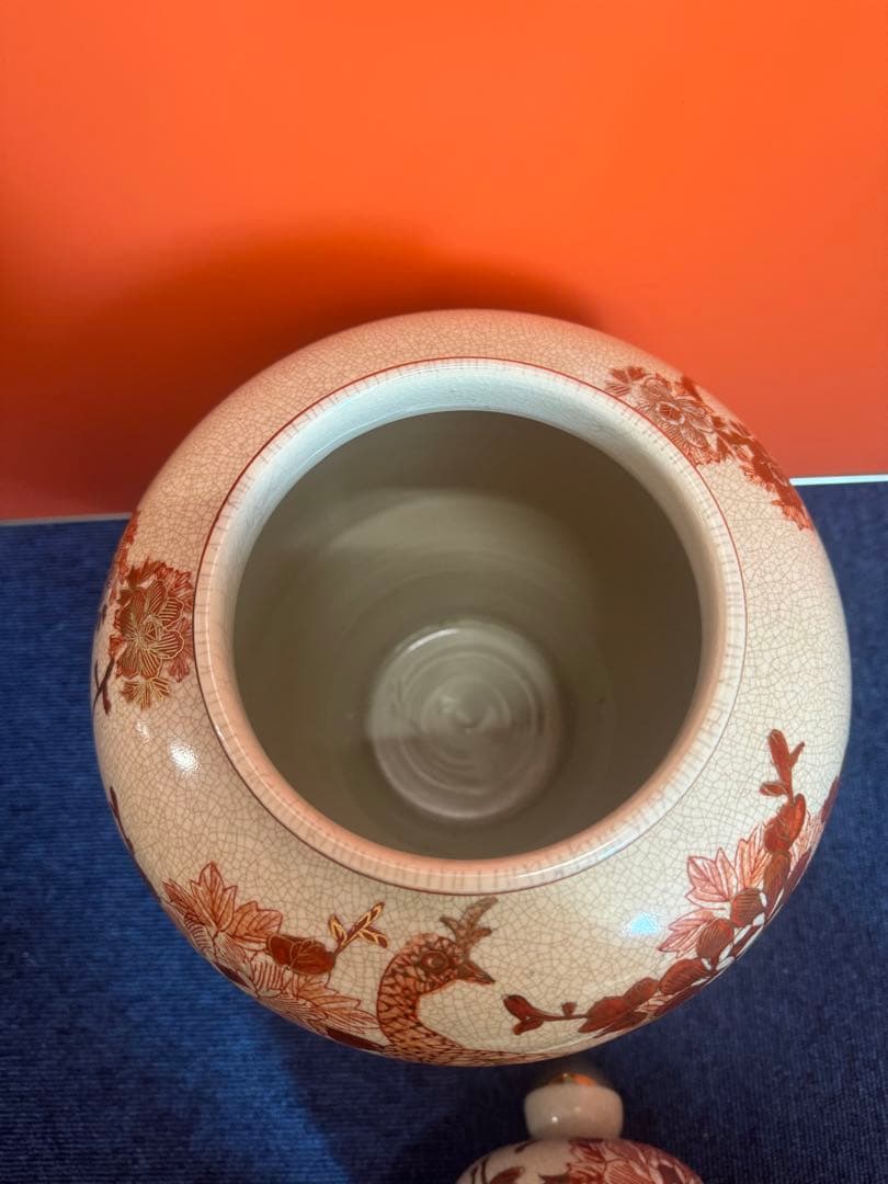 1863 薩摩焼　九十字壺　金継ぎ　赤絵金彩　孔雀牡丹　沈香壷　高40cm時代物