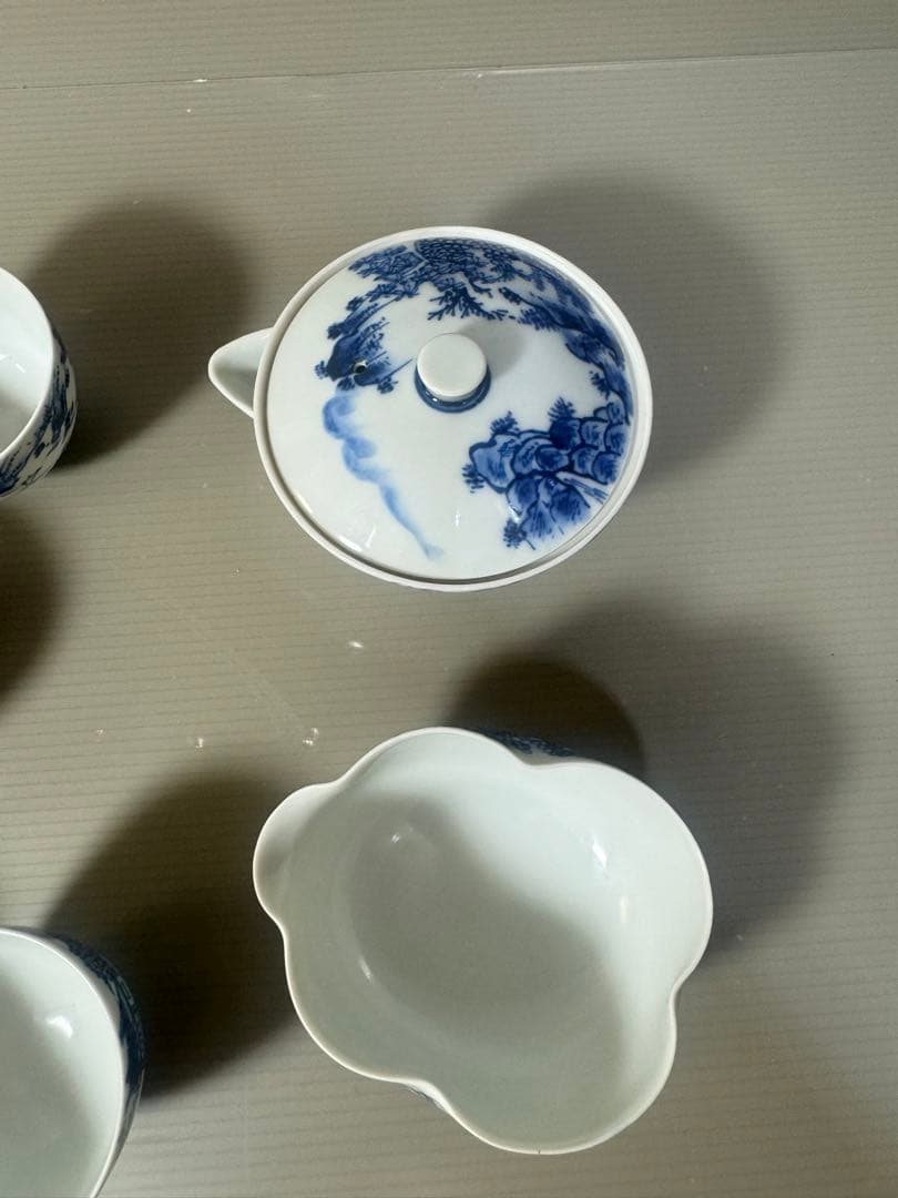 2334 平安草仙　染付青花　茶器セット　宝瓶1客　湯冷し1客　湯呑5客　鉢付き