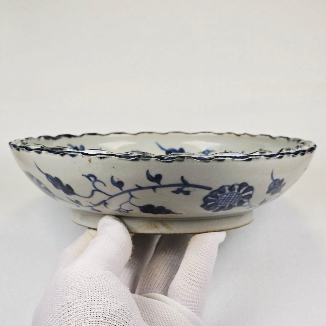 舶来古磁 青花染付 蘇麻離青釉 手絵 鳳紋花卉図 底海水紋 観賞皿 在銘