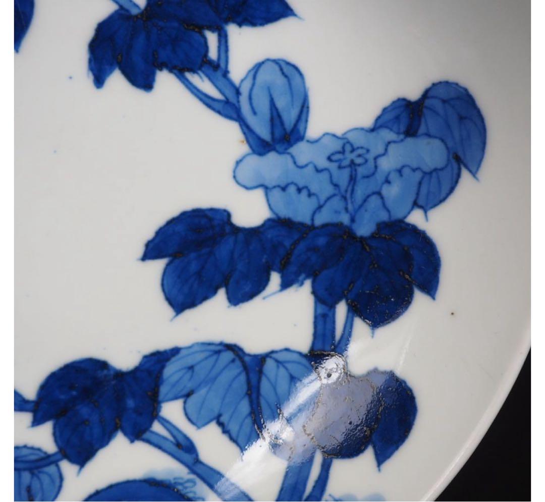 送料無料　江戸時代　鍋島焼　染付牡丹文皿　櫛高台 径20cm