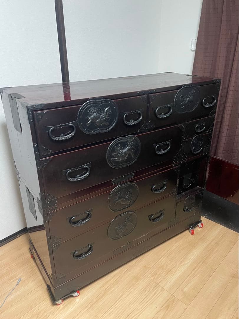 【高級/鍵付】民芸箪笥 仙台箪笥 大型 整理タンス 獅子ボタン