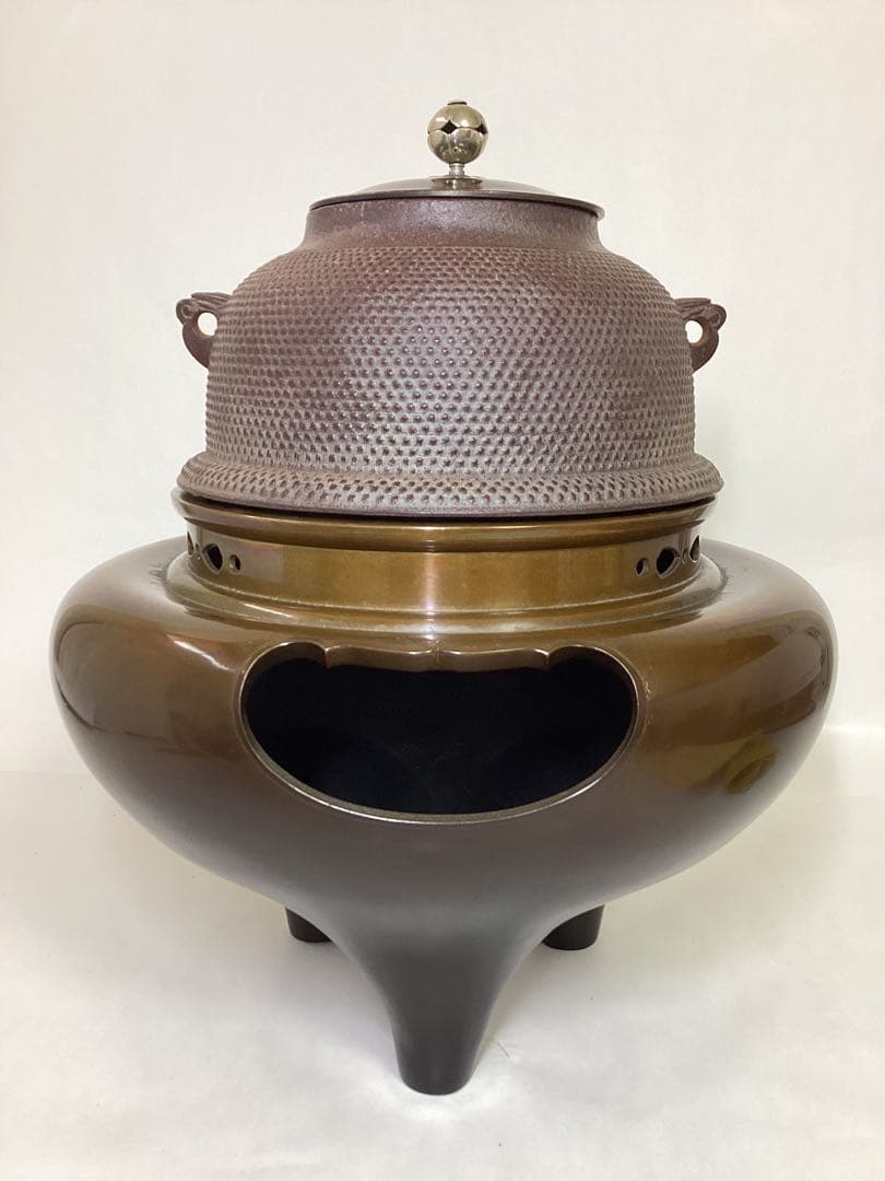 茶道具 古物品 唐銅朝鮮風炉 南鐐つまみ 釜師 高橋敬典 風炉師 金谷浄雲 木箱
