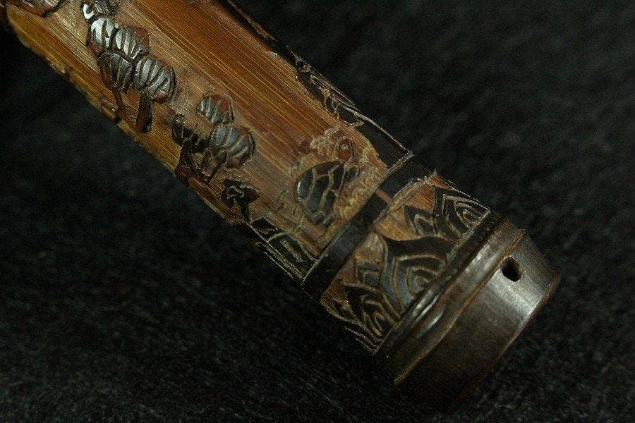 竹 刻花鳥 小筒 高11cm 提物 旧家蔵出