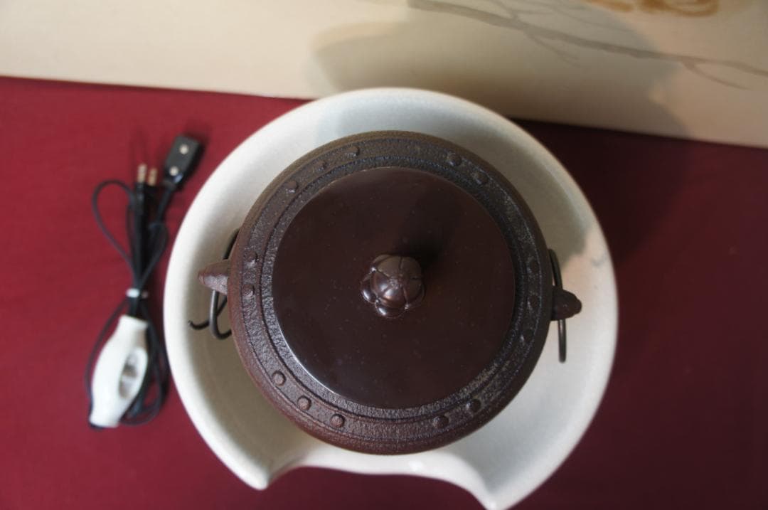 ☆ 野々田 さつま風炉(紅鉢型)電熱器 在銘 萬代屋小釜 釜鐶他フルセット送料込