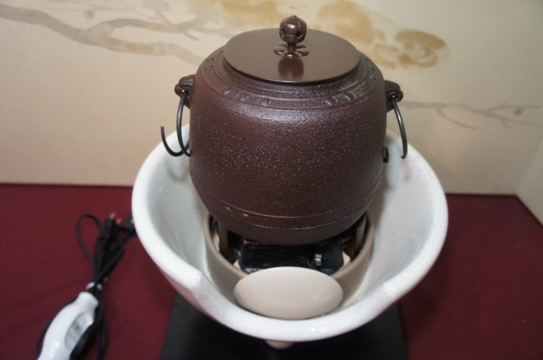 ☆ 野々田 さつま風炉(紅鉢型)電熱器 在銘 萬代屋小釜 釜鐶他フルセット送料込