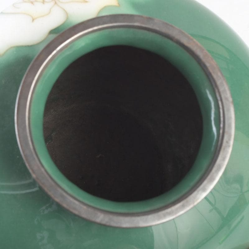 七宝焼　安藤七宝店　純銀刻印　緑釉　花文　花瓶　V　9659