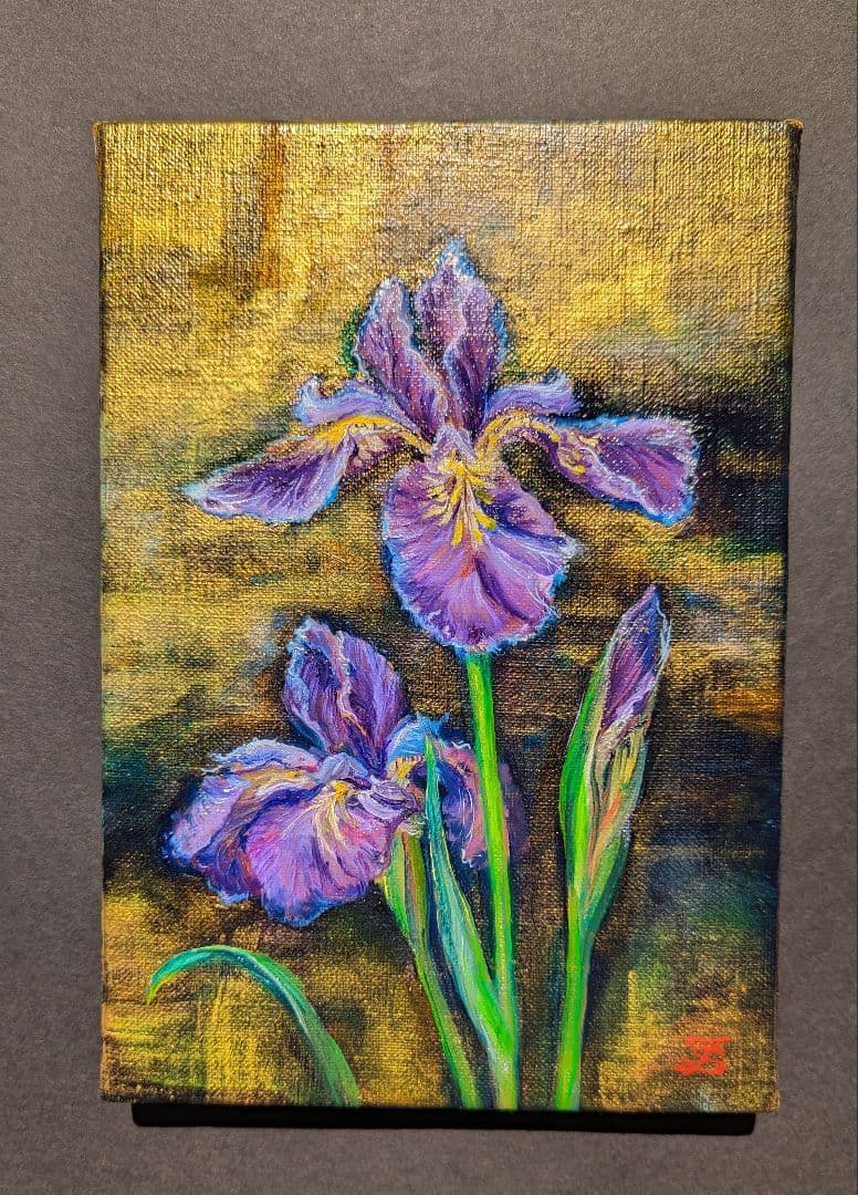 油絵絵画「あやめ」油絵　サムホールキャンバス　画家出品　花絵画【額なし】風景画