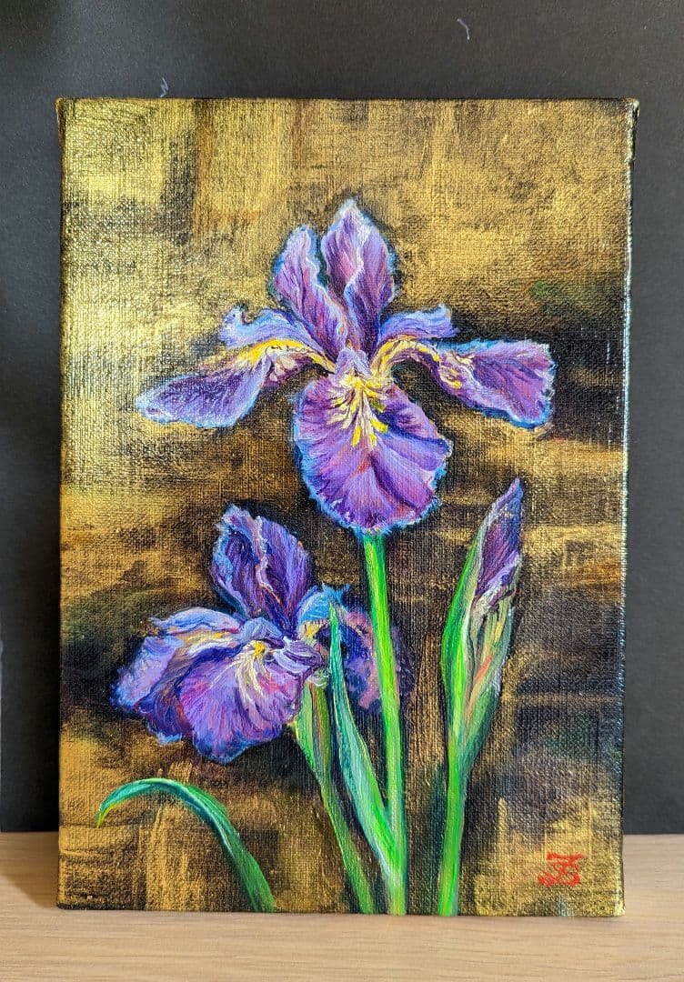 油絵絵画「あやめ」油絵　サムホールキャンバス　画家出品　花絵画【額なし】風景画