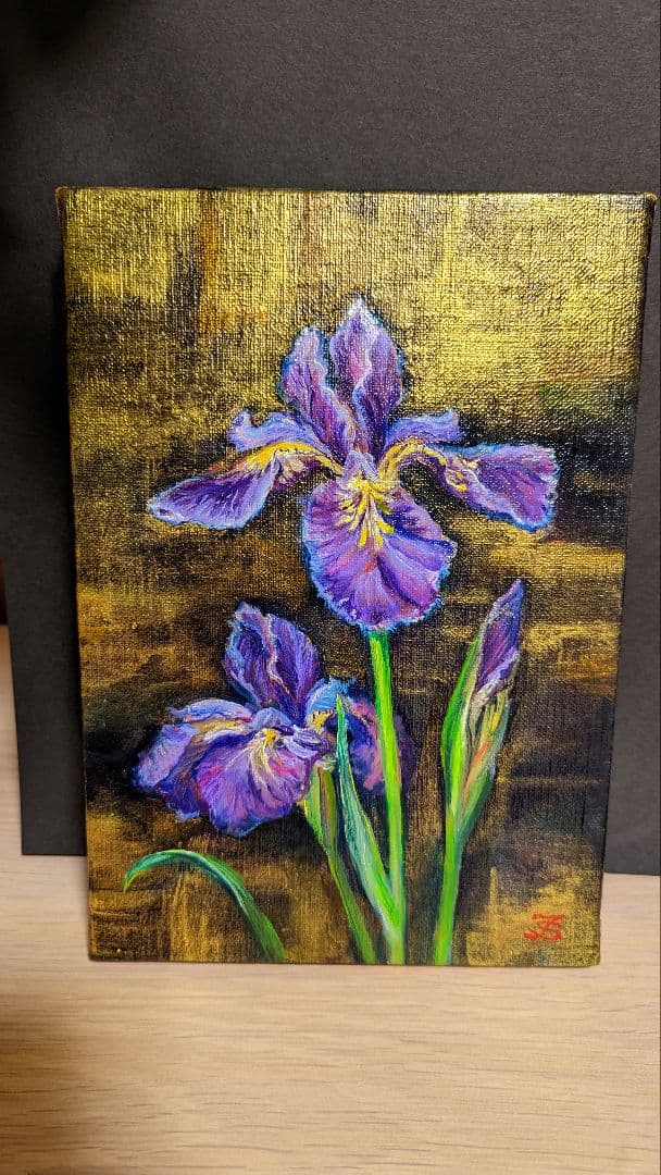 油絵絵画「あやめ」油絵　サムホールキャンバス　画家出品　花絵画【額なし】風景画