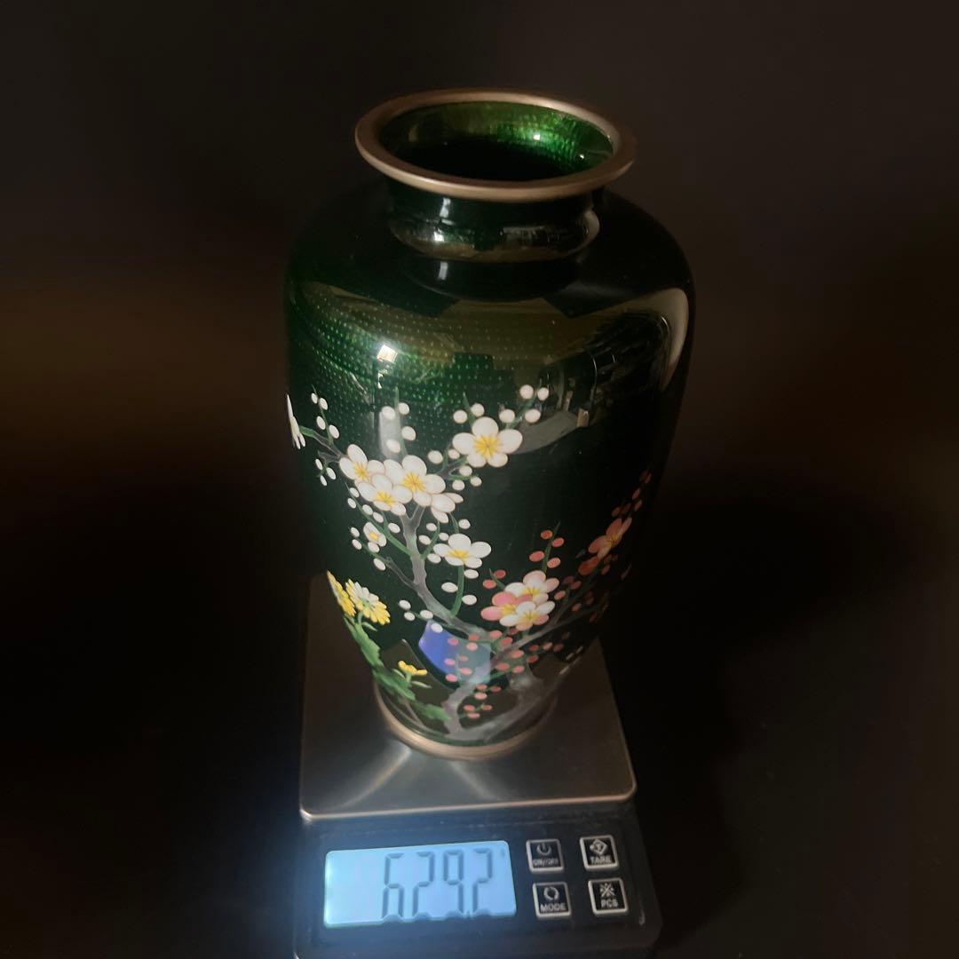 安藤七宝焼　梅菊竹　珍しい深緑系　花入れ　花瓶　華道　刻印有　極上工芸　金属工芸