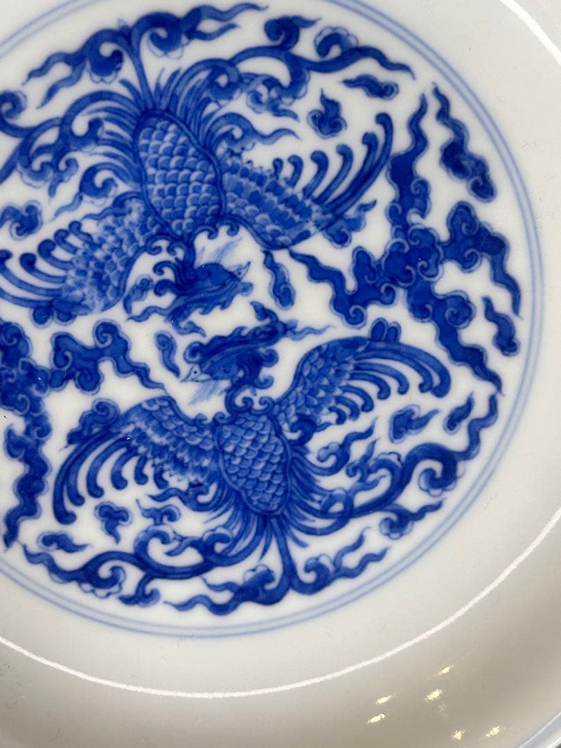 清代 大清雍正年製 底款 青花染付 対頭鳳文 皿 雲紋 骨董品