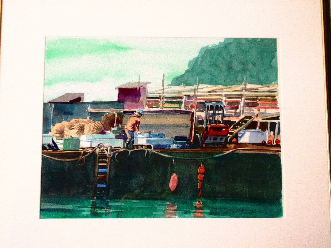水彩画 漁港の風景 原画 F6サイズ 額縁付き