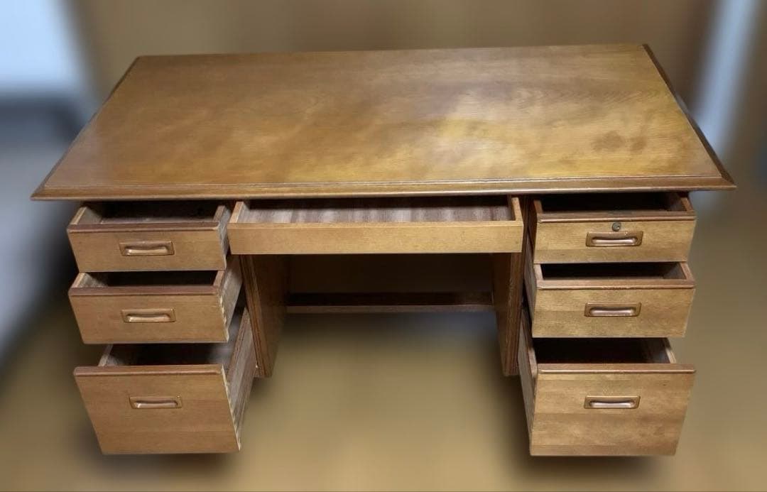 【昭和レトロ】木製 書斎机 両袖引き出し付き アンティーク デスク