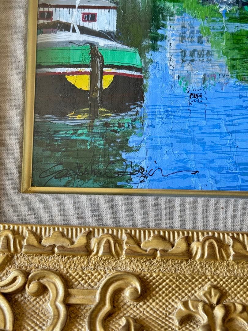 真作　小田切訓「塔のある運河」キャンバスに油彩 F4号　額装・タトウ箱・黄袋付き