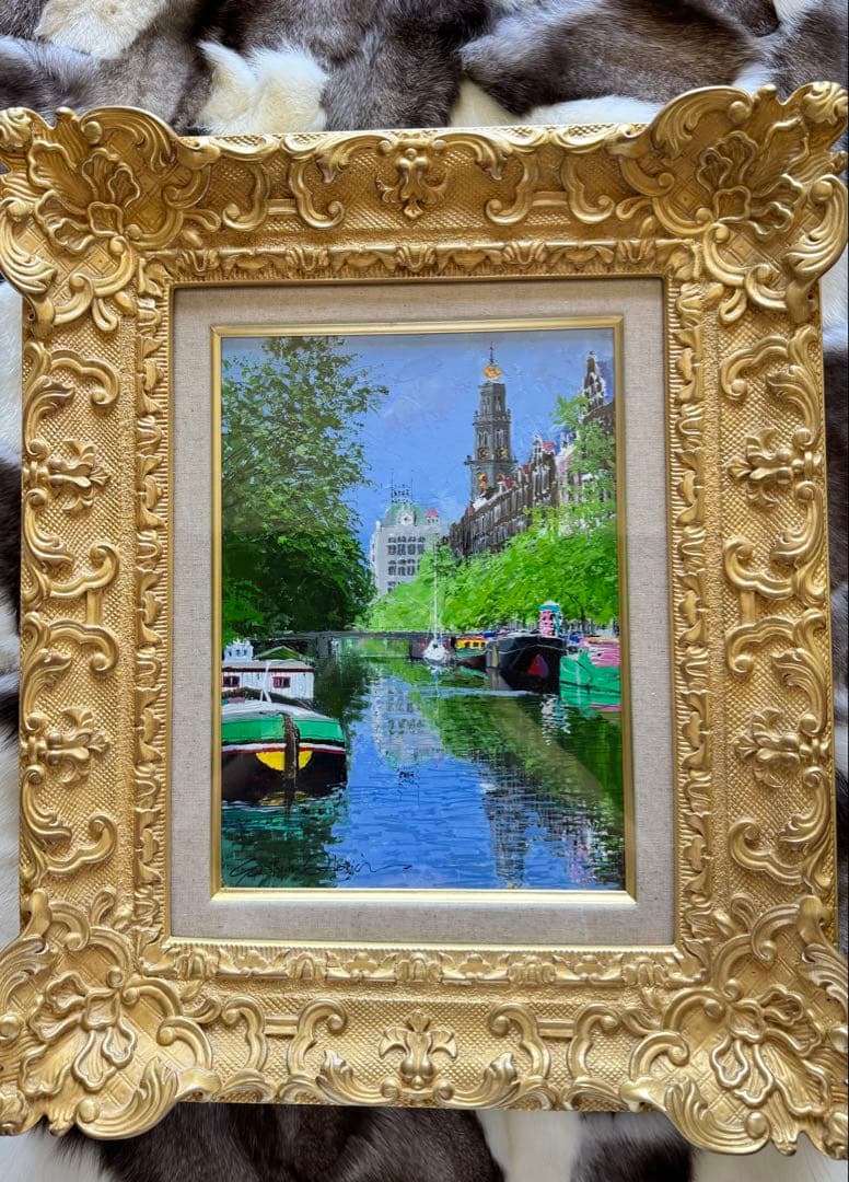 真作　小田切訓「塔のある運河」キャンバスに油彩 F4号　額装・タトウ箱・黄袋付き