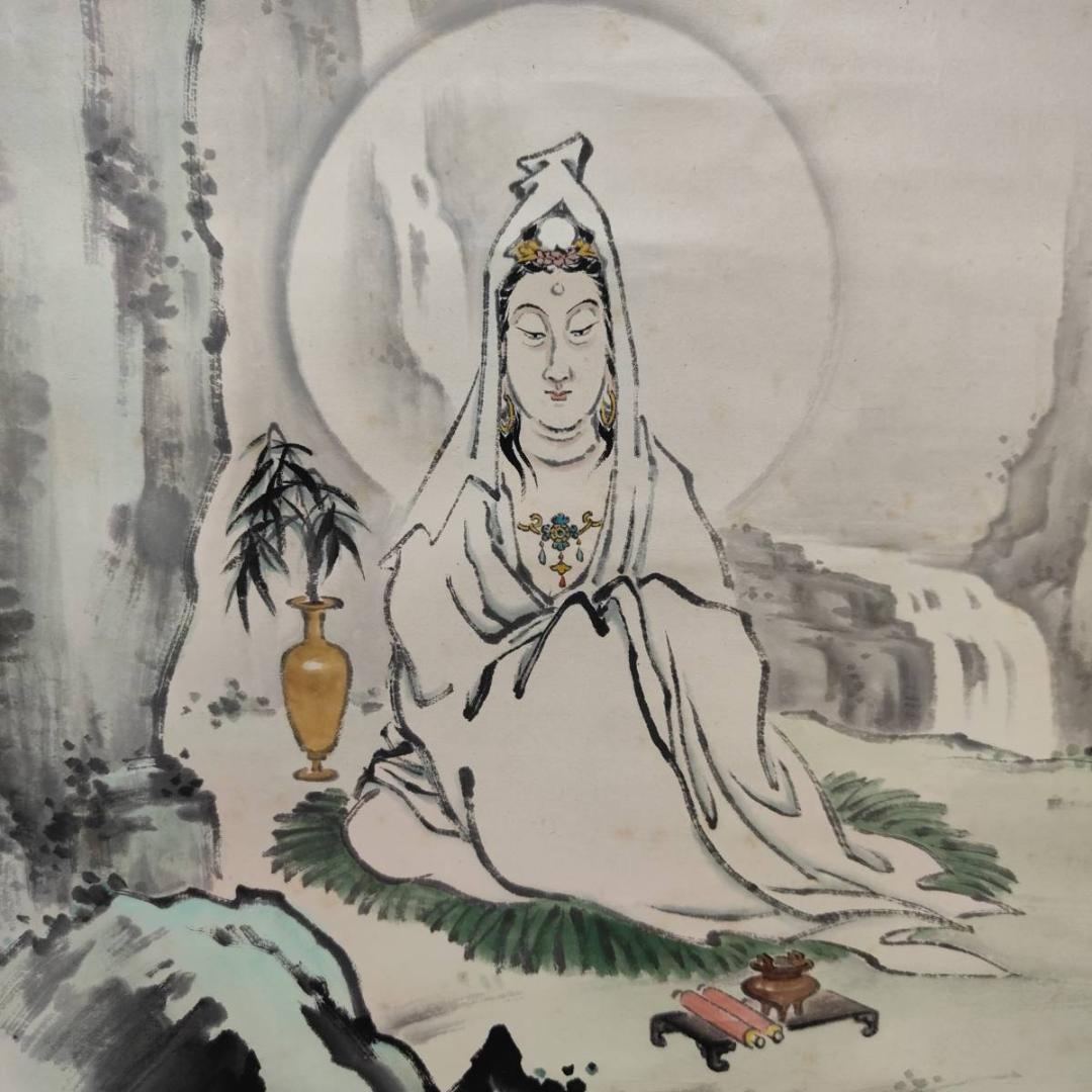 真作/延斗/白衣大士/観音図/人物/横物/桐共箱付/布袋屋掛軸A-453