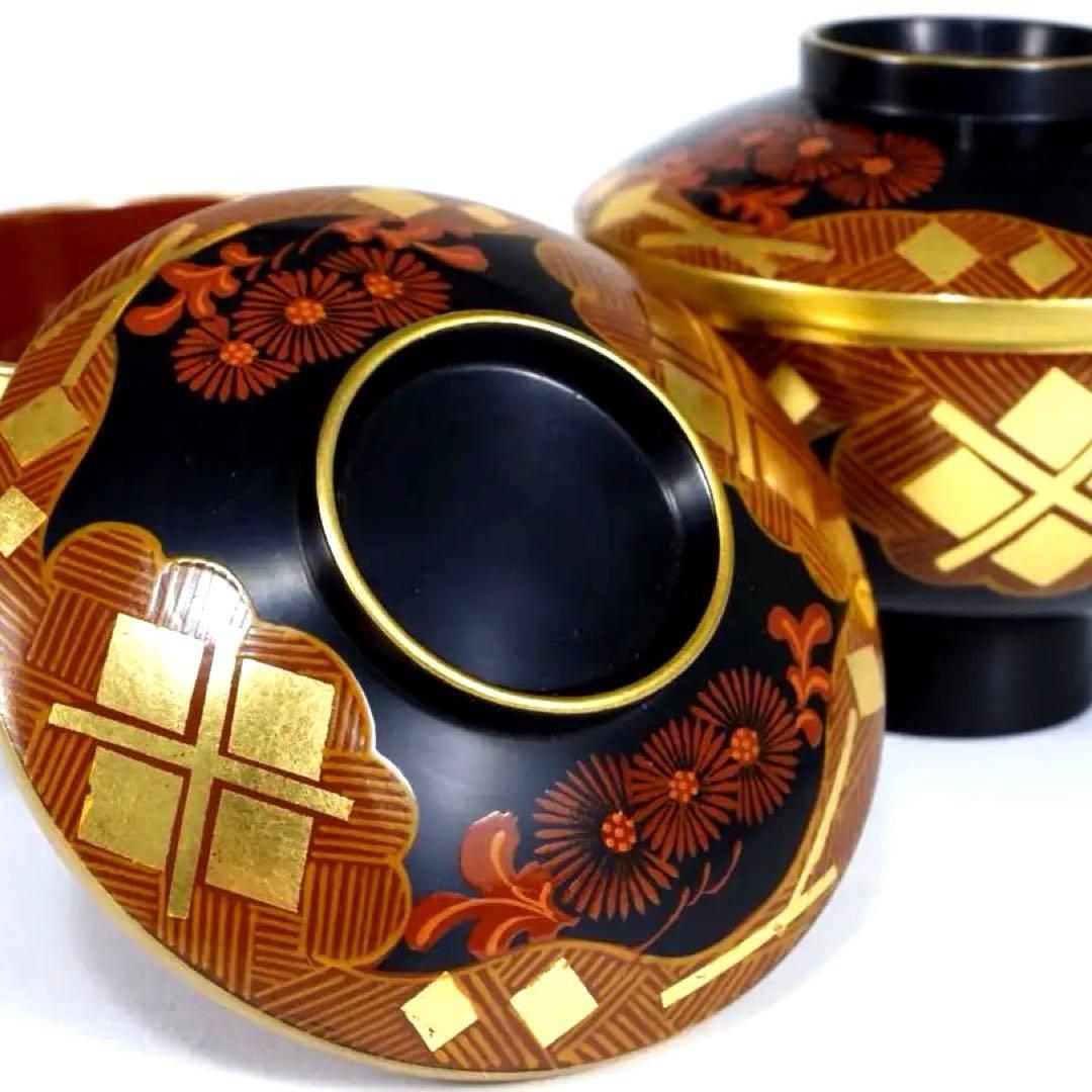 南部漆器 老舗光原社 秀衡塗 木製 金箔色漆　菱に梅文様　蓋碗十客　茶道具
