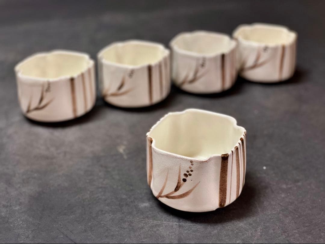 割引❗️【未使用 美品】「母」 三玄窯 中里重利 唐津 絵粉引 向付 5客 C⑦