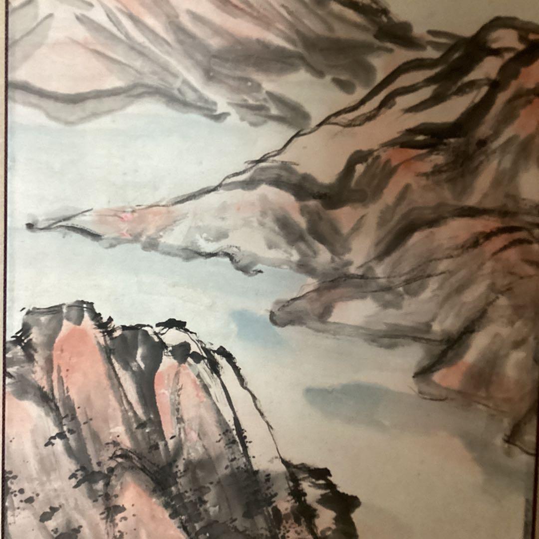 橋本関雪　紙本着色画賛　【楼閣山水図】肉筆　【関雪　自題箱　軸先良好】354