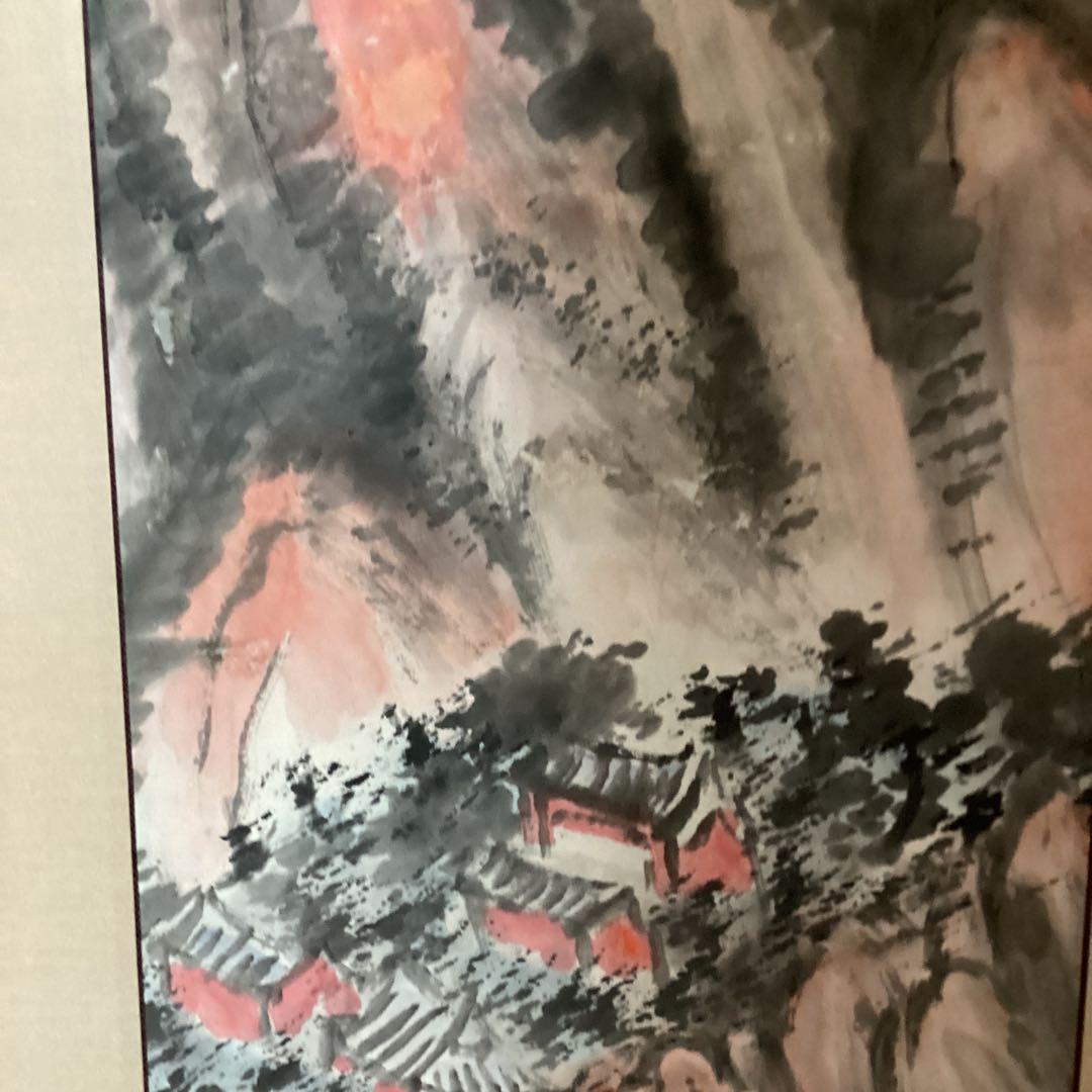 橋本関雪　紙本着色画賛　【楼閣山水図】肉筆　【関雪　自題箱　軸先良好】354