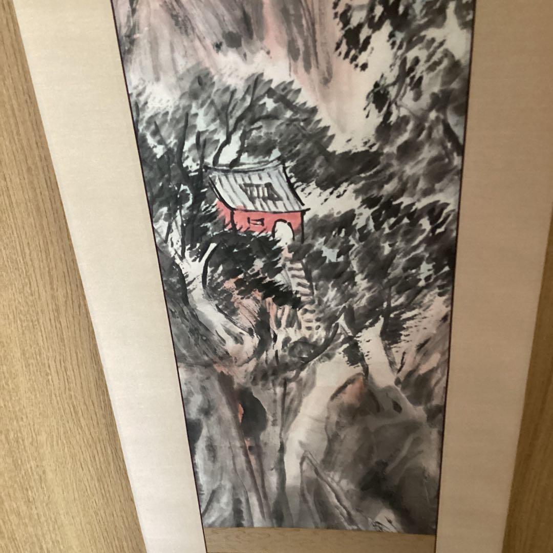 橋本関雪　紙本着色画賛　【楼閣山水図】肉筆　【関雪　自題箱　軸先良好】354