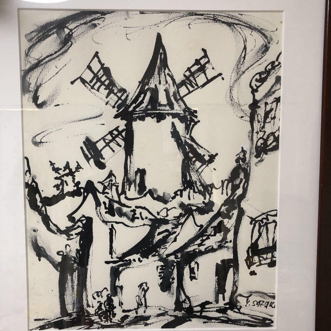 鈴木 康雄　ペン画　風車小屋　390×310mm 非常にお買い得‼️早い者勝ち