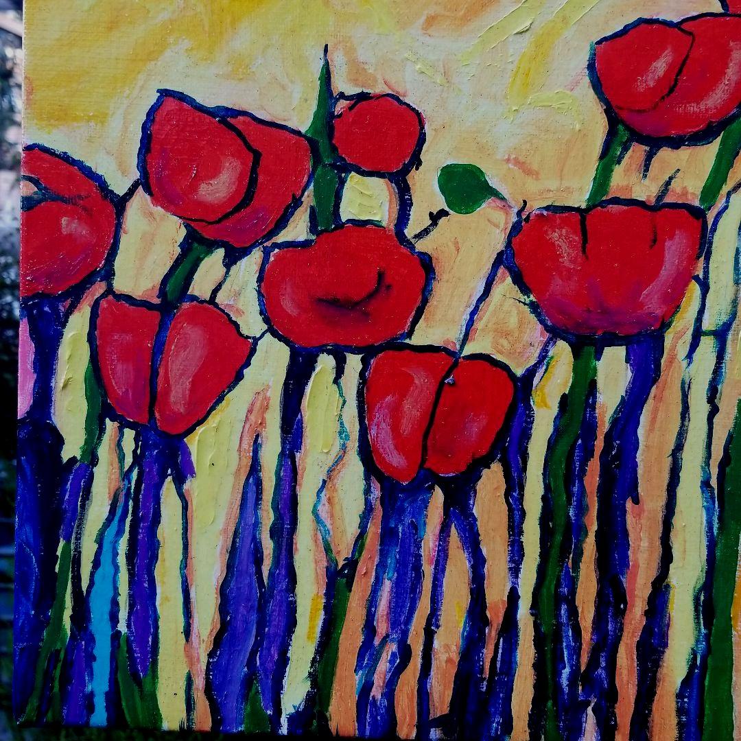 油絵　専用　春を告げる夕焼けのポピー