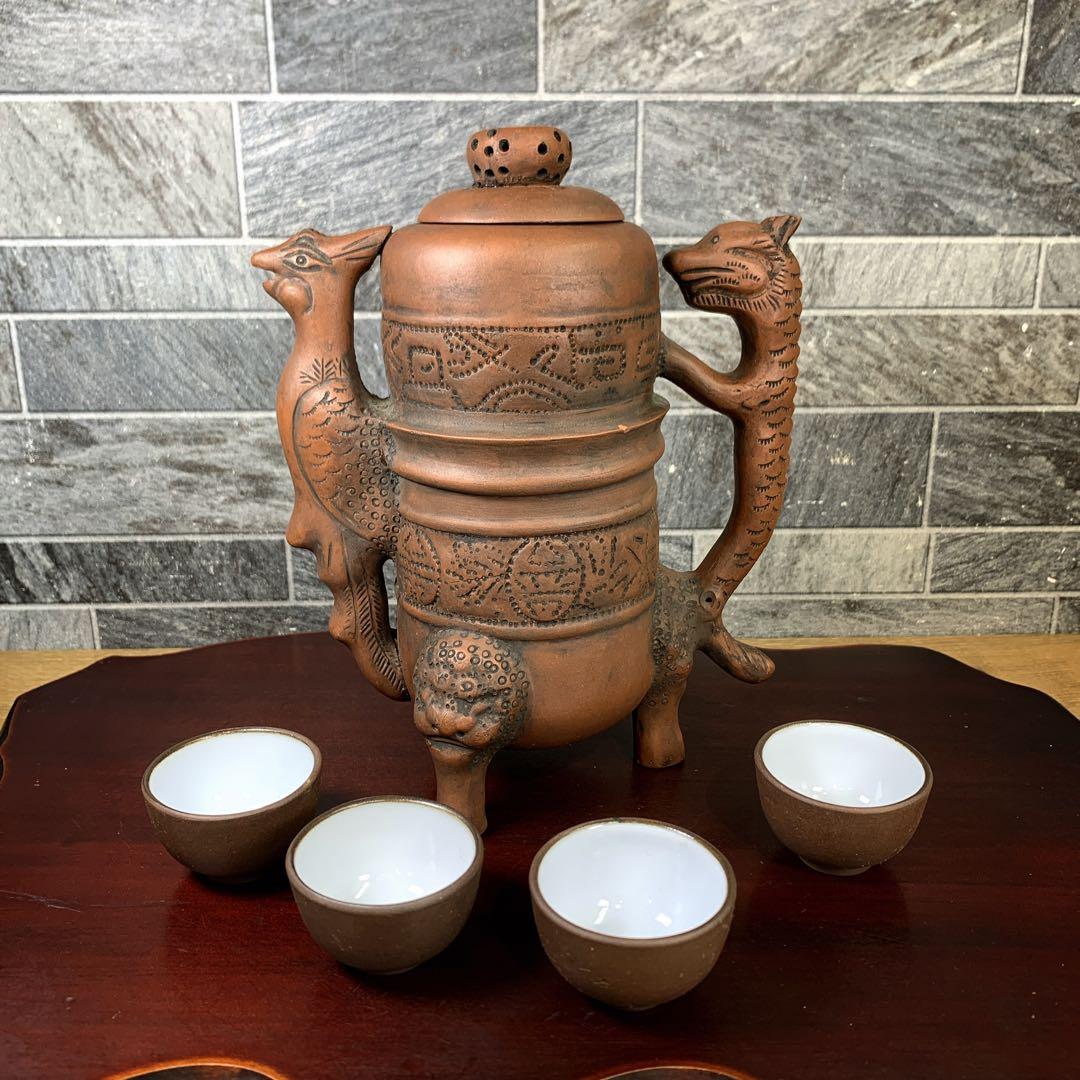 希少品　中国古美術品　茶器　宜興紫砂　陶器　急須　茶壺　お猪口付き　鳳凰　龍