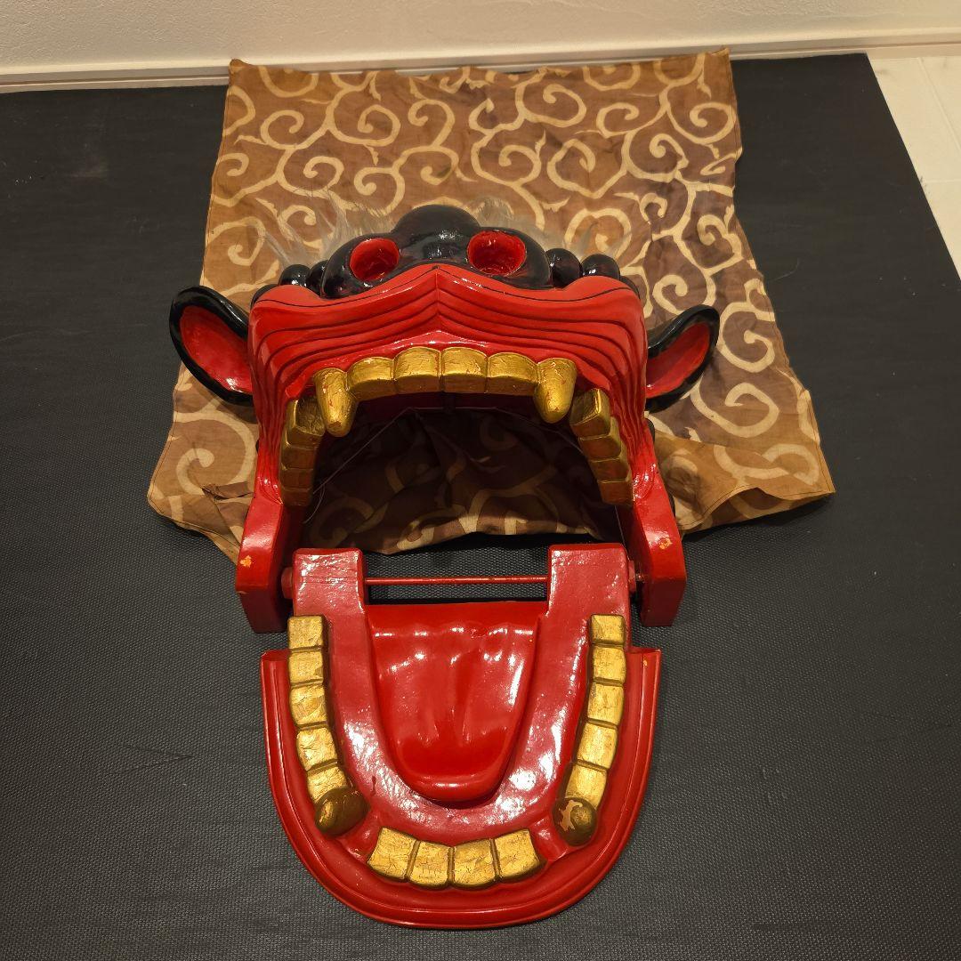 旧家蔵出 大振 獅子頭 雄 木彫 獅子舞い 彫刻 朱塗 漆塗