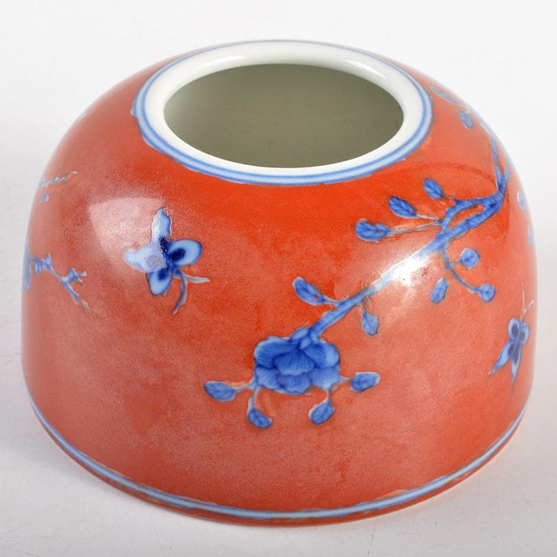 中国　大清雍正年製　紅地青花花文　水孟　筆洗　V　R6233E