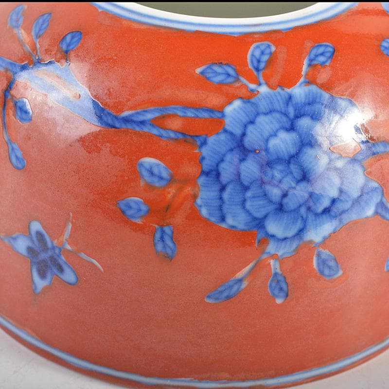 中国　大清雍正年製　紅地青花花文　水孟　筆洗　V　R6233E