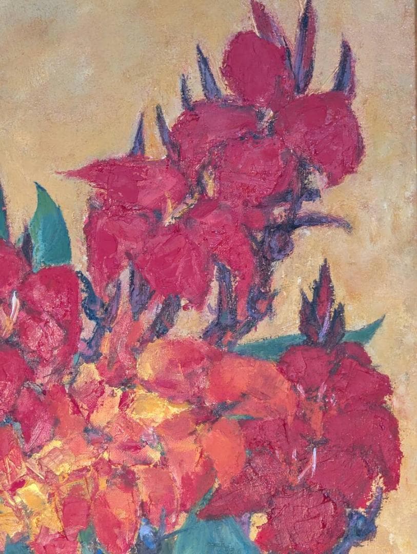 【真作】絵画　中矢眞人　油彩8号　カンナ　情熱の花叢　厚塗り　Z104