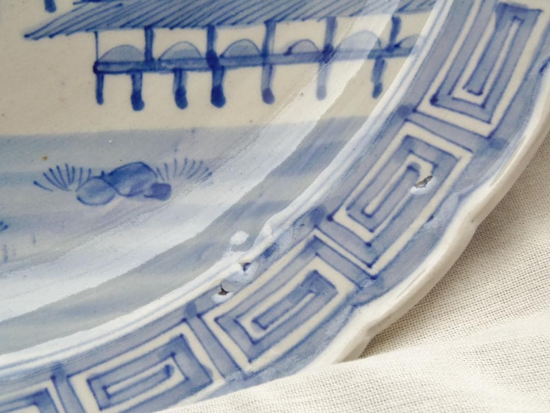 474mm 古伊万里 骨董品 風景画 陶器の皿 飾り皿 装飾皿 床飾り 伊万里焼