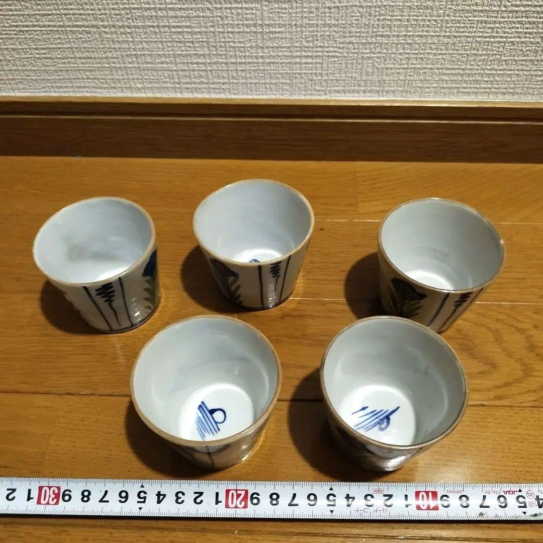 明治ごろ　草花文の蕎麦猪口　5客セット！　手書き絵付け