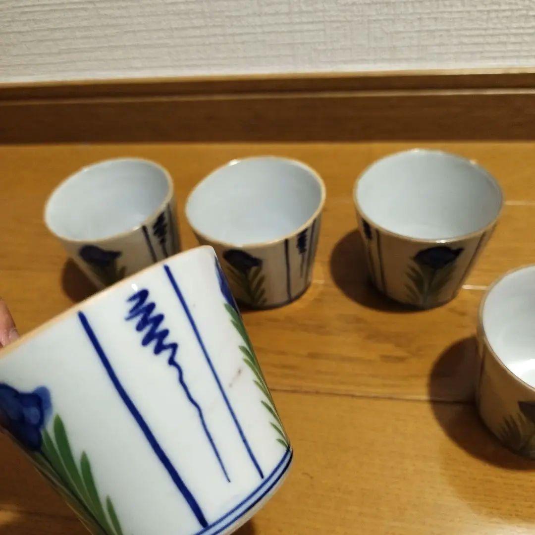 明治ごろ　草花文の蕎麦猪口　5客セット！　手書き絵付け