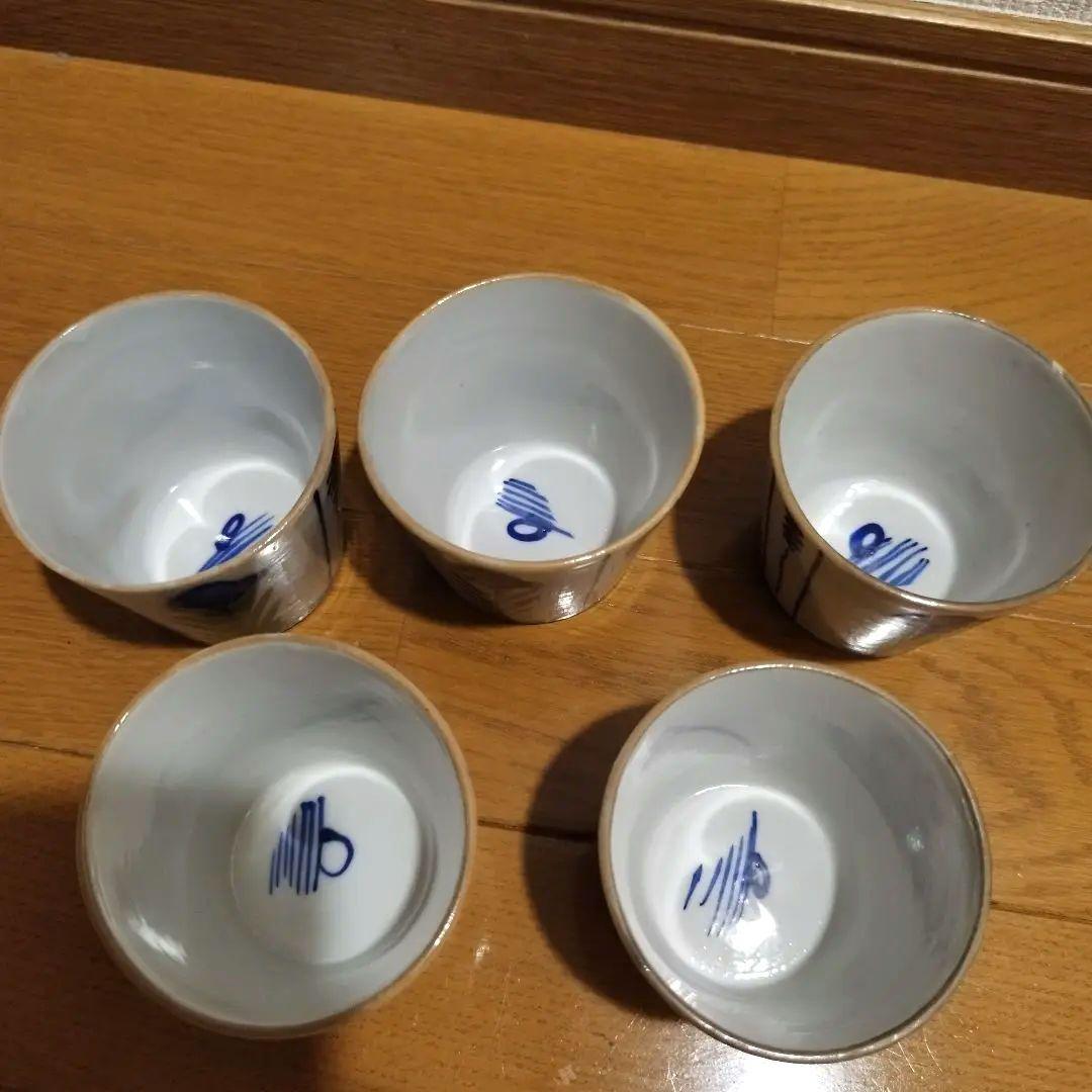 明治ごろ　草花文の蕎麦猪口　5客セット！　手書き絵付け