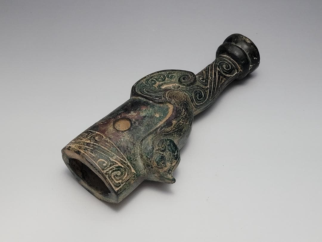 青銅製 陽刻鳥型文 刀柄 春秋戦国時代 高さ約15.7cm