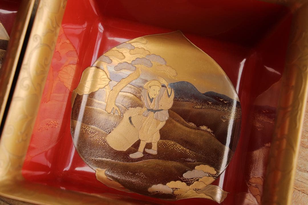 珍品　桃太郎蒔絵　盃洗　杯洗　一対　木箱　金蒔絵　木製漆器　時代物