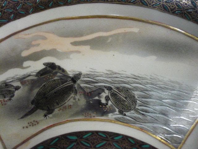九谷焼色絵鶴亀図扇形刺身皿 5枚 [B31710]