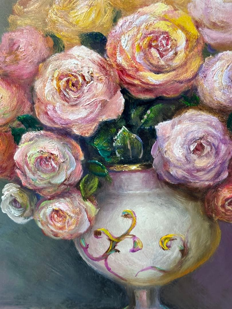 価値ある絵画　絵画のみ　肉筆　油彩画 花瓶のバラ　真作　美術品　インテリア　額縁