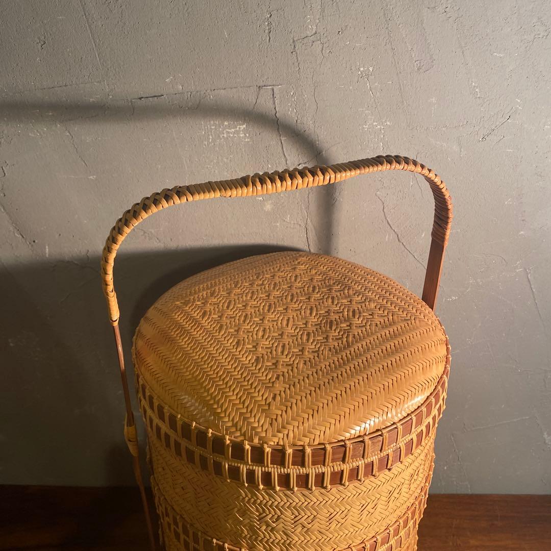 時代物 竹製 三段弁当箱 ランチボックス 手編み 美品 稀少 ピクニック