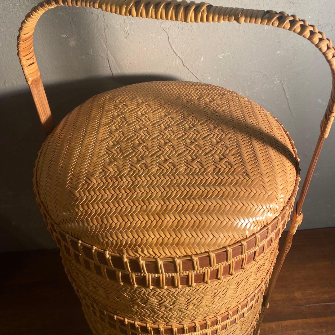 時代物 竹製 三段弁当箱 ランチボックス 手編み 美品 稀少 ピクニック
