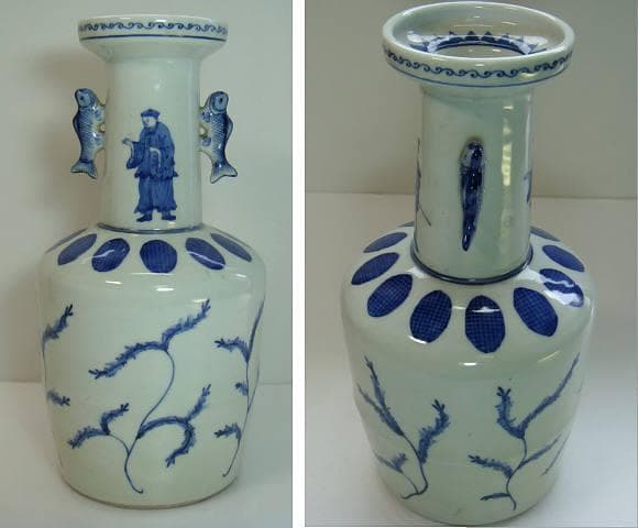 花瓶■城楽 窯院 人物 魚耳付き 染付け 唐草 花器 古玩 時代物 骨董品■