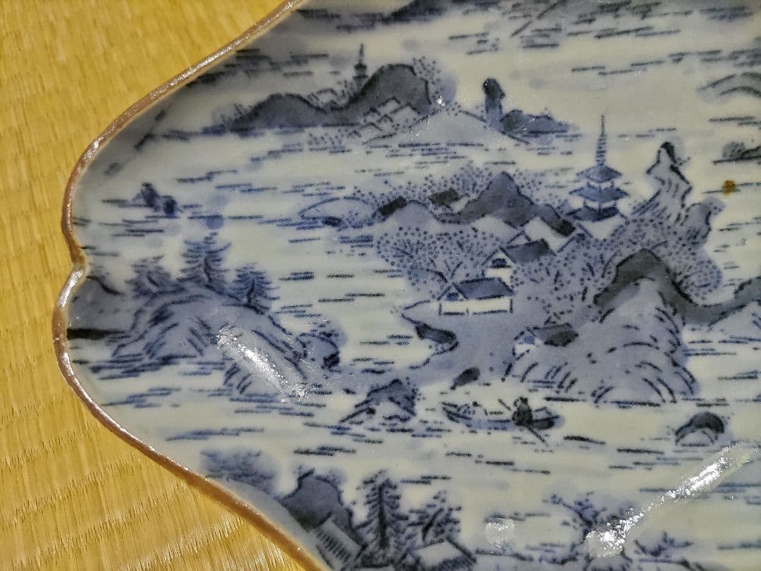 古伊万里　型紙摺　印判　入隅　菱形　皿（21×17cm）二重角福　藍柿