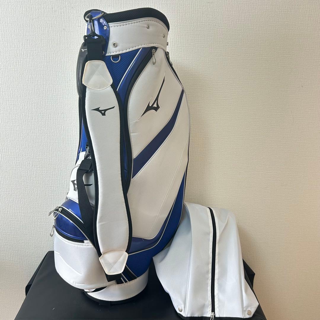 ミズノ キャディバッグ 白×青 タグ付き 未使用品 フード付 一部汚れ有